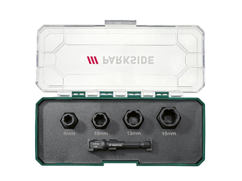 Parkside set voor beschadigde schroeven met 8, 10, 13 en 15 mm doppen.