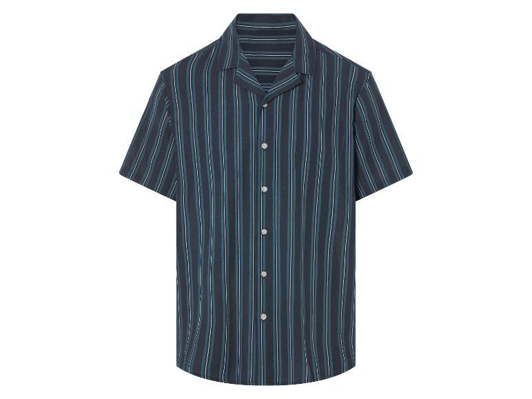 Kort mouw overhemd met donkerblauw en turquoise strepen.