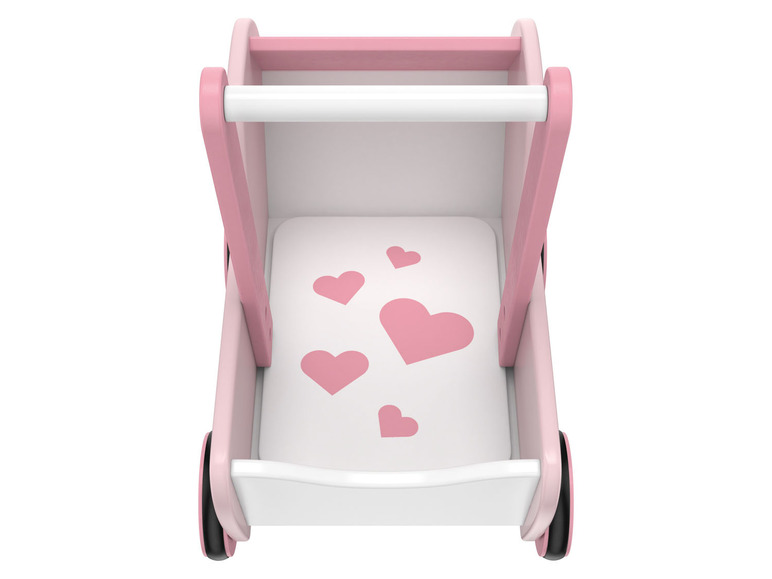 Een roze houten speelgoed kinderwagen met hartjes.