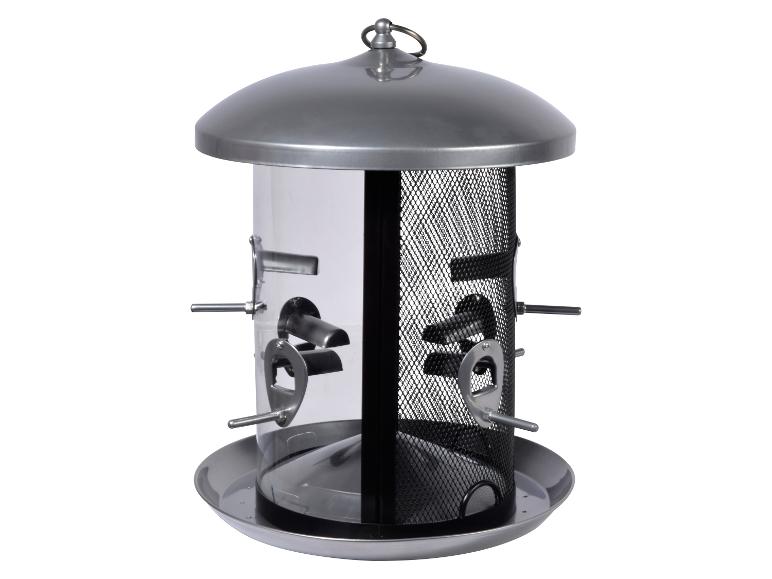 Metalen en plastic vogelvoederhuisje met zitstokken en voerbak.