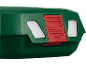 Groene gereedschapsbehuizing met rode knop en witte inzetstukken.