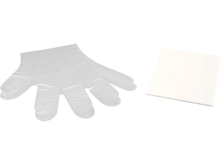 Doorzichtige plastic handschoen en witte papieren zak.