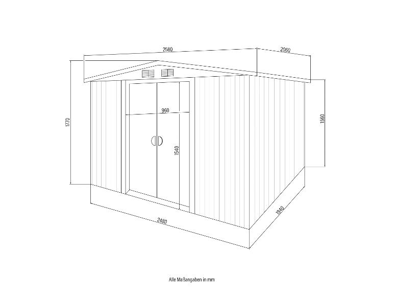 Technische tekening van een tuinhuisje met afmetingen in millimeters.