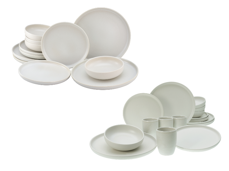 Chique servies: beige keramische borden, kommen en mokken.