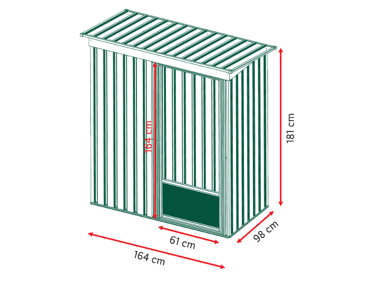 Groene tuinschuur van 164 cm (breedte) x 98 cm (diepte) x 181 cm (hoogte).