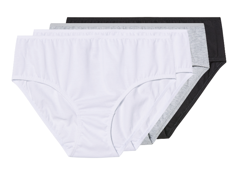 Drie paar katoenen onderbroeken in wit, grijs en zwart.
