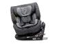Donkergrijze draaibare autostoel met baby-inzet en ISOFIX-basis.