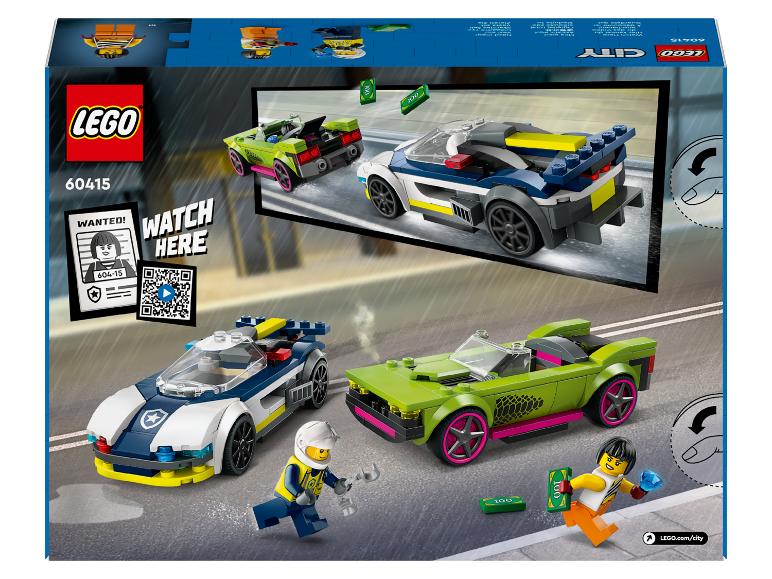 LEGO City set 60415 met een politieauto, een groene sportwagen en minifiguren.