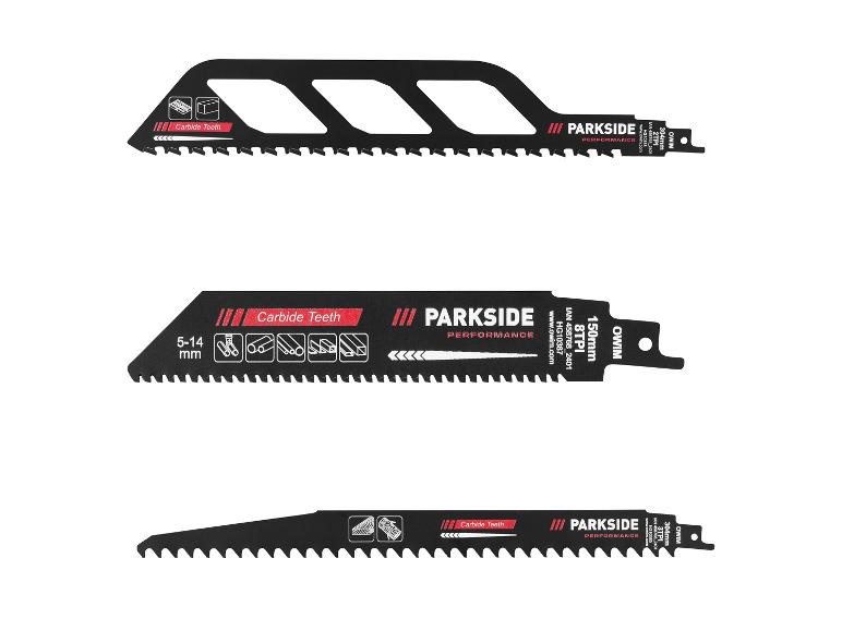 Drie Parkside Performance zaagbladen met hardmetalen tanden voor diverse materialen.