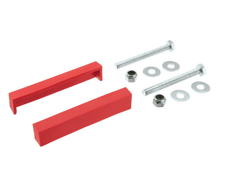 Twee rode plastic blokken en twee bouten met moeren en ringen.