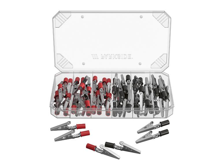 Een doos met rode en zwarte krokodillenklemmen van Parkside.