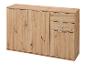 Houten dressoir met drie deuren en drie laden, met metalen handgrepen.