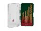 Set gouden boren in groene en transparante koffer met maten van 1,5 tot 10 mm.