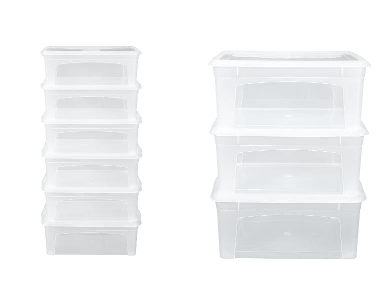 Stapelbare, transparante opbergdozen.