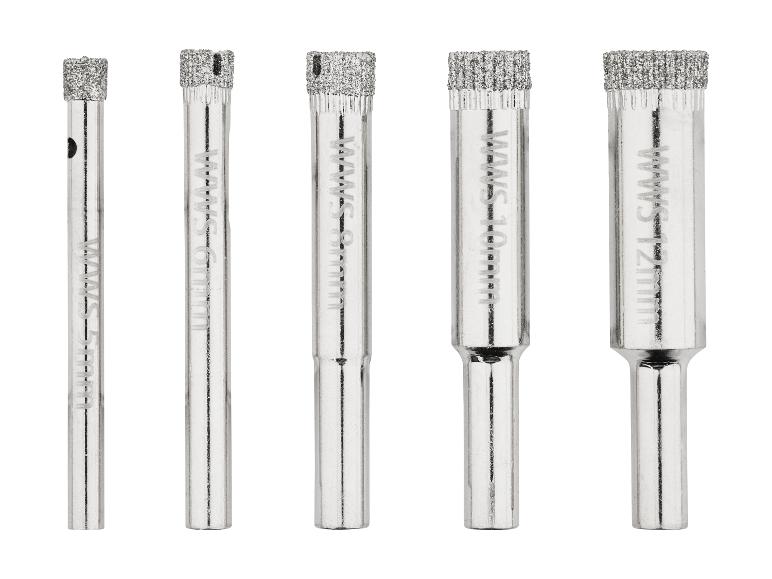Set van vijf diamantboren, van 5 mm tot 12 mm, voor het boren in harde materialen.