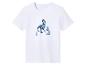 Wit T-shirt met korte mouwen met een blauwe dinosaurus- en voetafdrukkenprint.