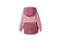 Roze softshelljas voor kinderen van achteren gezien, met capuchon en regenboogdetail.