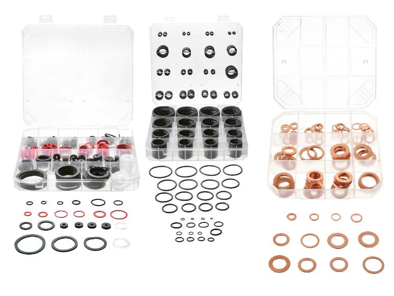 Sets O-ringen en koperen ringen in transparante opbergdozen.