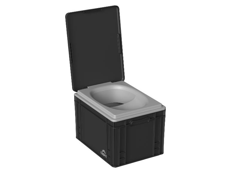 Draagbaar campingtoilet in zwart en grijs met open deksel.
