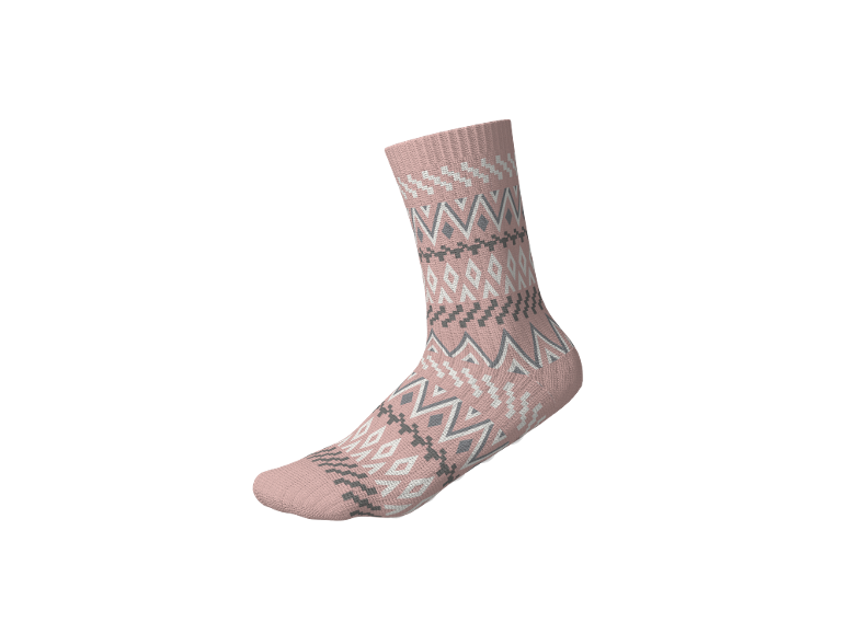 Roze sok met wit en grijs geometrisch patroon