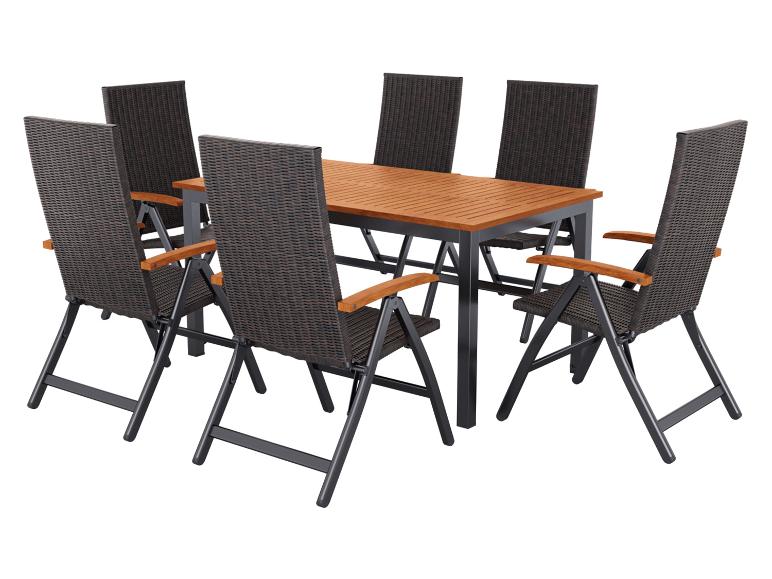 Tuinmeubelset van rotan en hout met tafel en zes opvouwbare stoelen