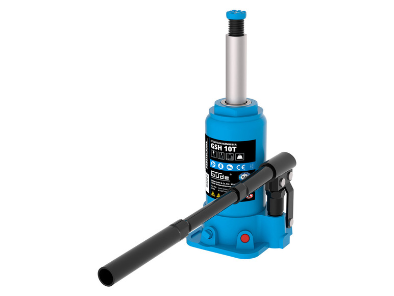 Een blauwe hydraulische krik van Güde met een hefvermogen van 10 ton.