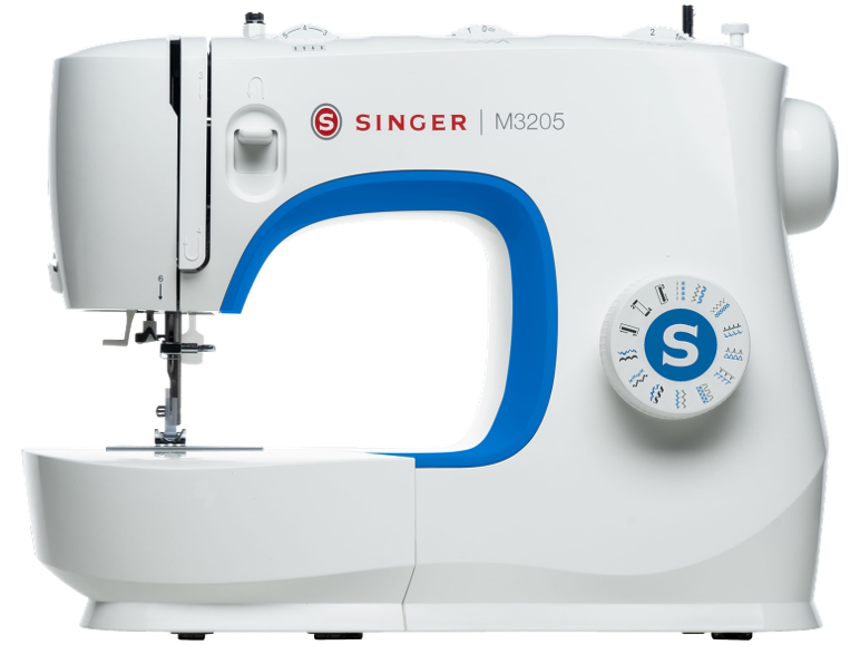 Witte naaimachine met blauw accent en steekkeuzewiel.