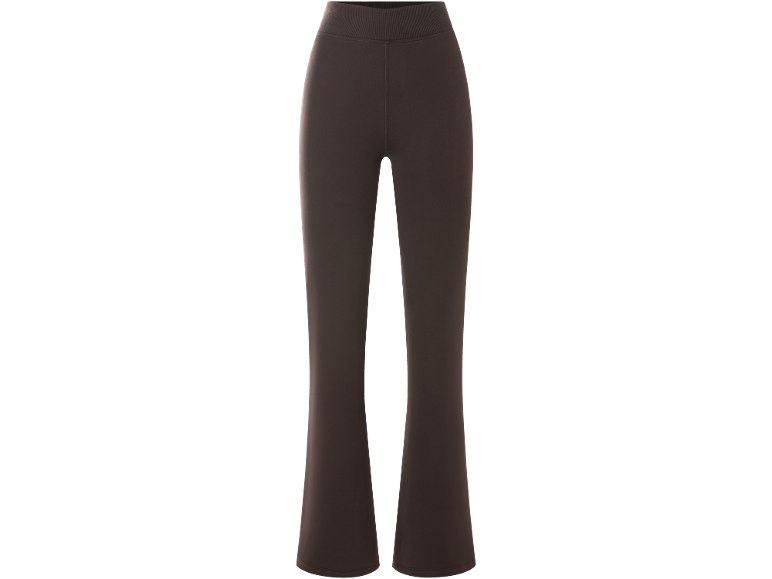 Donkerbruine flared legging voor dames met een brede geribbelde tailleband