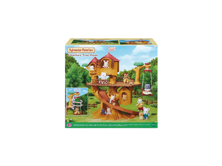 Speelgoed boomhut met glijbaan en schommel, met dierenfiguren.