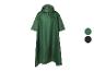 Groene regenponcho met capuchon en logo, met donkergroene en zwarte kleuropties.