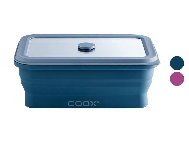 Blauwe opvouwbare voedselcontainer met transparant deksel en twee kleuropties.
