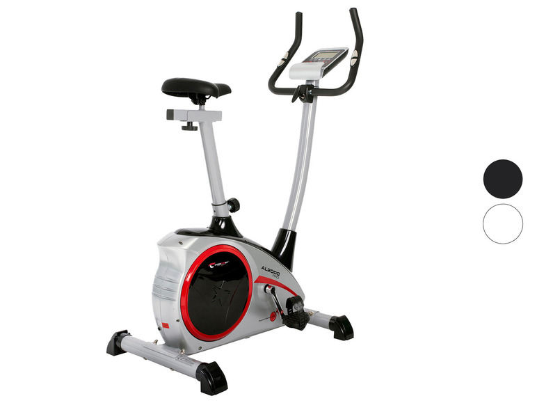 Een zilveren hometrainer met een rode rand en het merk 'Alboo'.