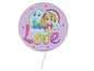 Ronde caketopper met Paw Patrol-figuren en het woord 'Love'.