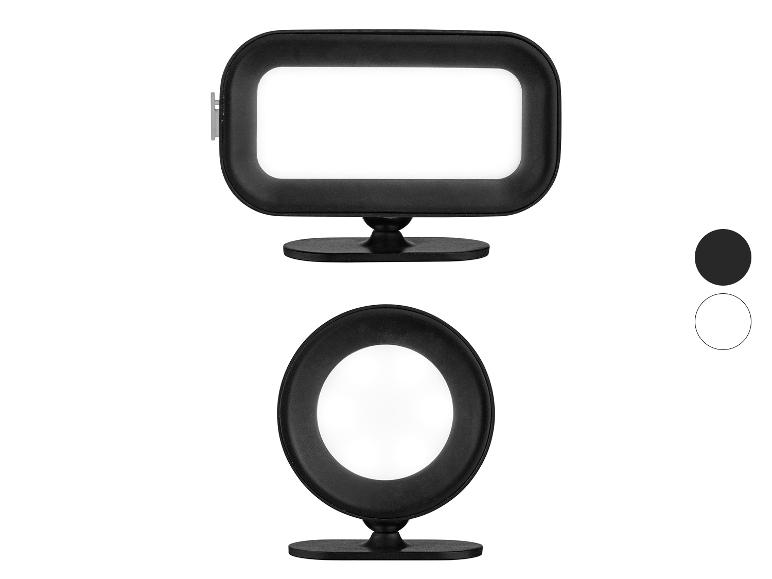 Twee LED-tafellampen, een rechthoekige en een ronde, met zwarte en witte kleuropties.