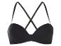 Zwarte strapless bh, gekruiste bandjes.