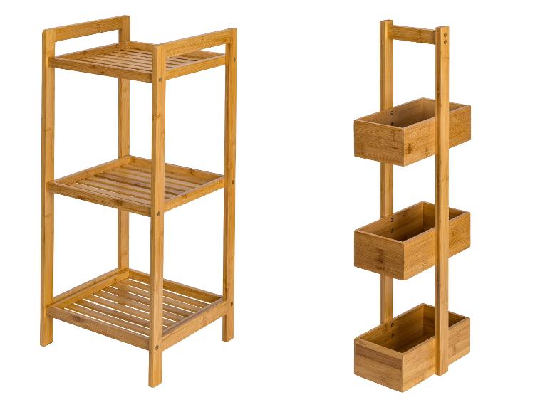 Bamboe rek met drie lattenplanken en een bamboe douche-organizer met drie bakken