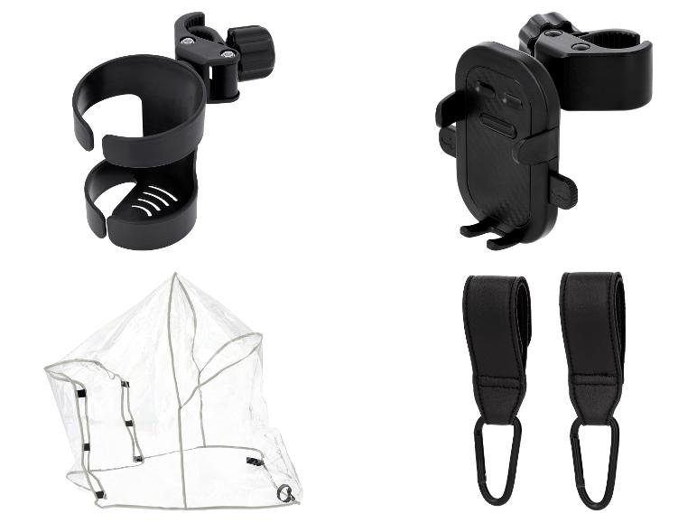 Kinderwagenaccessoires: bekerhouder, telefoonhouder, regenhoes en haken.