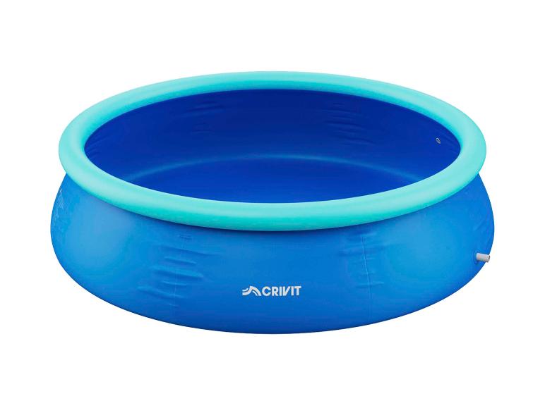 Rond opblaasbaar zwembad in blauw met een turquoise bovenrand.
