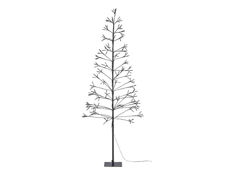 Zwarte LED-kerstboom met standaard en stroomkabel.