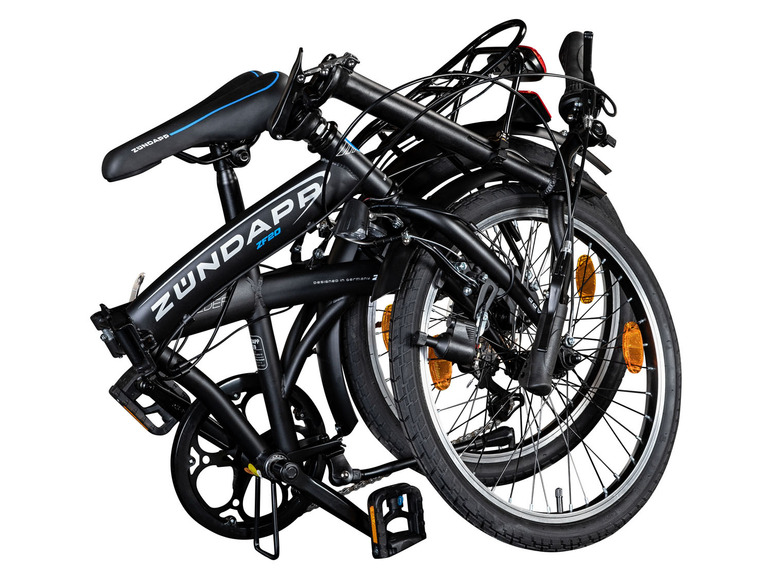 Zündapp ZF20 vouwfiets met zwarte frame en blauwe zadel.