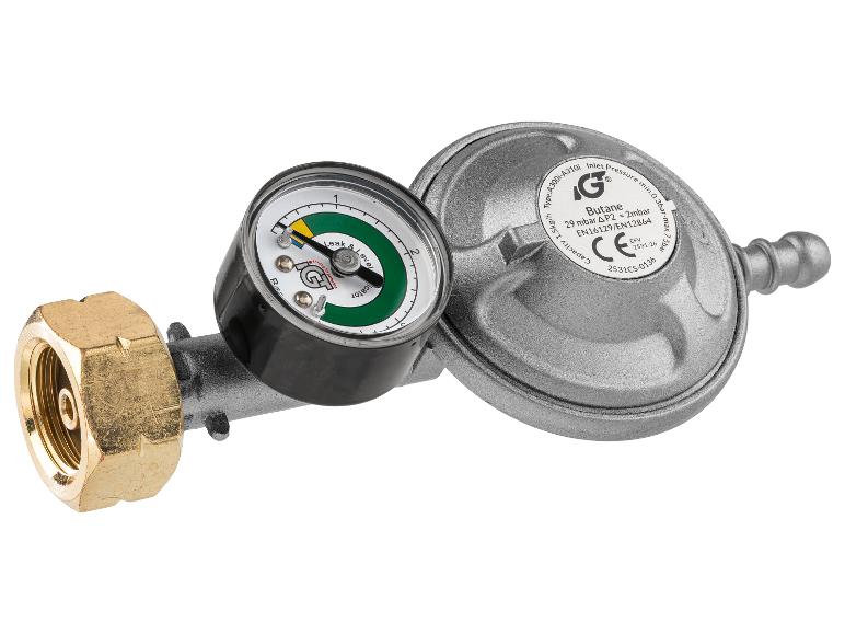 Gasdrukregelaar met manometer voor butaan, capaciteit 1,5kg/u.