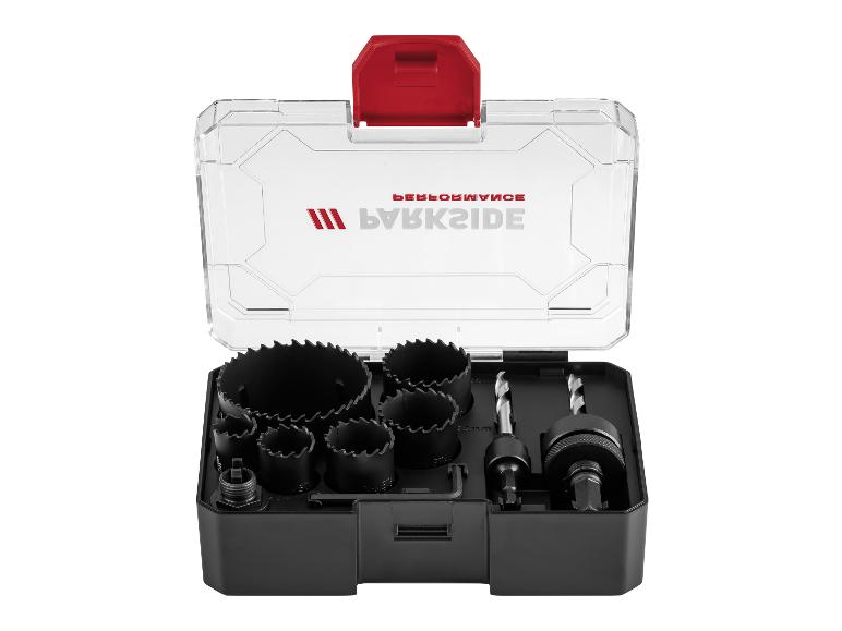 Parkside set gatzaagbladen: boren en accessoires in een koffer.