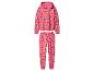 Roze hoodie en joggingbroek set met een patroon van teckels in truien en met cadeaus.