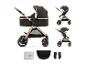 Zwarte en gouden kinderwagen met reiswieg, wandelwagenversie en accessoires.