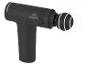 Zwart massagepistool met een ronde kop en witte ringpatronen.