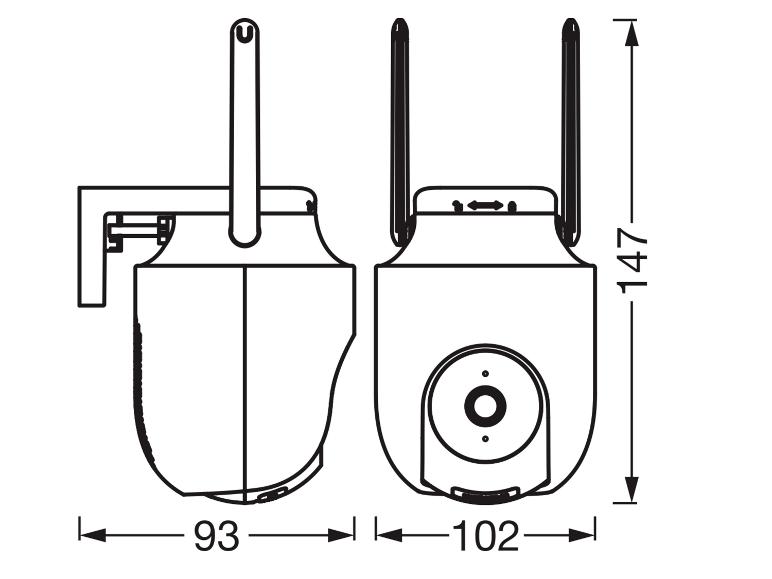 Technische tekening van een beveiligingscamera met afmetingen: 147mm hoogte, 93mm breedte, 102mm diepte.