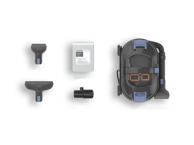 SilverCrest stofzuiger met accessoires en reinigingsmiddel.