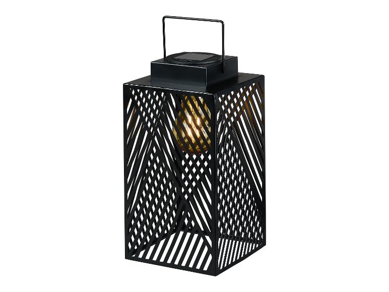 Zwarte solar lampion met geometrisch patroon, buitenverlichting.