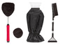 Een set winteraccessoires voor auto's, inclusief een sneeuwborstel, een ijsverwijderaar en een handschoen.