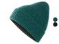 Teal gebreide muts met omgeslagen rand, met kleurstalen voor teal en zwart.